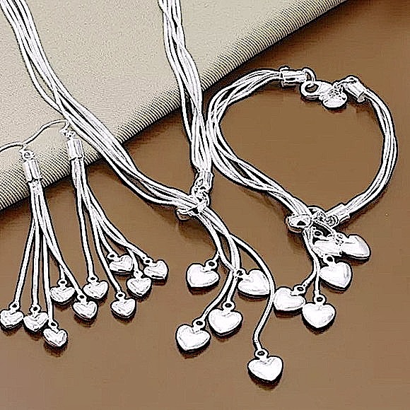 Heart Sterling Silver Tassel Charm Necklace Matching Bracelet Earrings Set - Picture 3 of 9